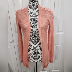 Maurices Coral Orange Open Front Lace Shoulder Long Sleeve Cardigan